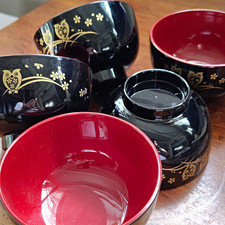 Japanese Lacquerware Bowl Set of 5 Black Red Gold Owl Cherry Blossom Floral picture