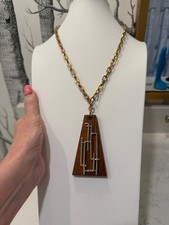 Vintage Mid Century Necklace Pendant Gold Tone Wood Modernist Abstract Signed picture
