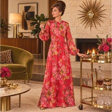 Adele Simpson Vintage 60s Red Floral Chiffon Maxi Dress S M Hostess Glam Elegant picture