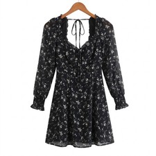 Reformation Amala Black Floral Mini Dress Long Sleeve Sweetheart Neck Size 0 picture