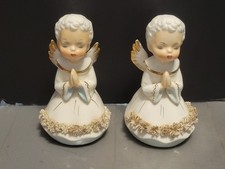 Vintage Japan Porcelain Praying Angels Spaghetti Trim Figurines 2 Lot Xmas  picture