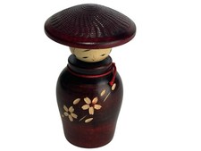 Vintage Japanese Kokeshi Doll Wood Figurine Floral Wide Hat 5 Inch Japan picture