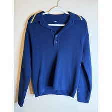 Vintage Obermeyer Blue Ski Sweater Polo Collar Striped Shoulder Womens Large picture