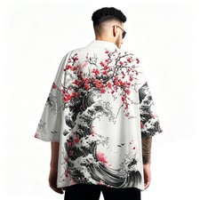 Niepce Men's Japanese Graphic Lightweight Blossom Waves Kimono Cardigan Shirt picture