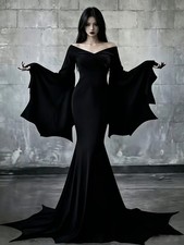 Womens Morticia Addams Costume Black Gothic Vampire Witch Dress Batwing Cosplay picture