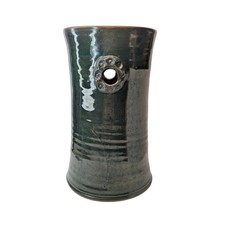 Leah Leitson Signed Studio Pottery Vase Dark Glaze Ring Handles picture