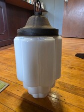 Set of 2: Original Antique 1920-30s Art Deco Milk Glass Skyscraper Light Fixture picture