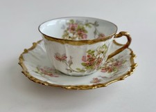 Antique Coronet Limoges France Teacup Saucer Pink Floral Gold Gilt c1915 picture