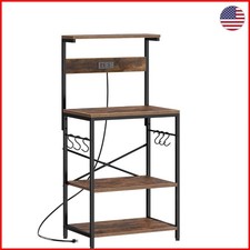 Rustic 4-Tier Kitchen Bakers Rack with Power Outlet & S-Hooks - Elegant Storage picture