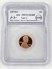 1979-S Lincoln Cent ICG PR70DCAM Type 1 Proof Signed Skip Fazzari Perfect picture