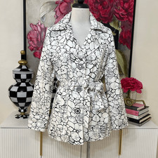 Zashi Floral Button Front Long Sleeve Belted Blazer Black White Medium NWT picture