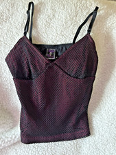 MORBID THREADS GOTH CAMI BLACK FISNET OVERLAY BURGUNDY LINING VTG. 90's ACT. PIC picture