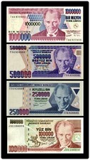 TURKEY 1,000,000 500,000 250,000 100,000 LIRA 4 Pcs 1997-2002 UNC BANKNOTE SET picture
