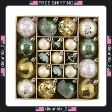Christmas Ornaments Set 21 Pcs Green Gold Geometric Shatterproof Decorations picture