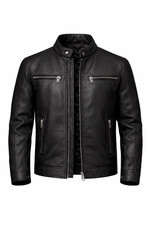 Men’s Black Genuine Leather Café Racer Biker Jacket – Quilted Lined picture
