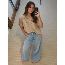 Louise pAris Vintage 100% Silk Ruffle Collar Button Down Blouse Tan Champagne L picture