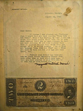 Signed Margaret Mitchell Gone With the Wind Letter & Confederate $2 Note Framed picture