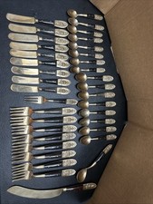 Vintage 1950's MCM Siam Bronze Black Wood Flatware 36 Piece Set Buddha Thailand picture