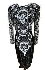 Vtg Swee Lo Art Deco Evening Dress XL Measures Med Black White Sequin Beaded picture