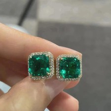 Women’s 6Ct Asscher Cut Natural Emerald Diamond Stud Earrings 18K Yellow Gold picture