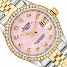 34mm Rolex Perpetual Date 1500 Pink MOP Diamond Dial Jubilee Band Watch picture