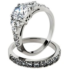 2.50 Ct Round Cut CZ Silver Stainless Steel Wedding Ring Set Women's Size 5-10 picture
