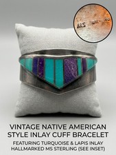 Vintage Native American Style Inlay Cuff Bracelet Sterling Silver MS Turquoise picture