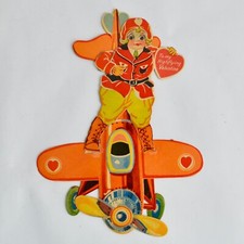 Vintage 1920s 1930s Mechanical Articulating Valentine Card Airplane Pilot picture