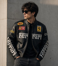 Men's Black & Red Ferrari Embroidered Vintage F1 Racing Leather Motorbike Jacket picture