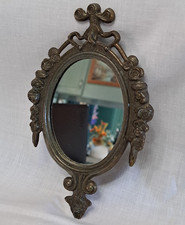 Vtg Italian Ornate Brass Alloy Wall Mirror Mini Oval Rose Ribbon 6.25