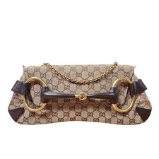 Gucci Horsebit Chain Clutch Brown Beige GG Canvas Gold Hardware Preloved picture