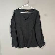 Flax Blouse Womens M Gray 100% Linen V Neck Long Sleeve Pullover Casual Top picture