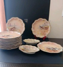  11 Antique 1906 Limoge Game Plate Set Coronet Signed LUC Sauce Bowls HP picture