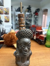 Antique Bamileke Figural Pipe - Carved Ancestral Head Cameroon 13 inch picture