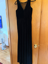 NW Nightway Black Velvet Maxi Dress V-Neck Sleeveless Mesh Slit Zip Women 10 picture