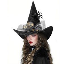Halloween Witch Hat with Flower Feather Black Detachable Spider Witch Hat Cos... picture