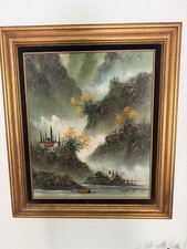 Vintage Chen Mao Signed Original Oil Painting Landscape 32x28 Faux Bamboo Frame picture
