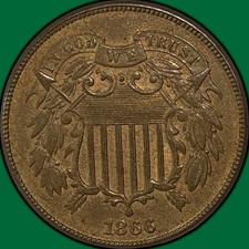 1866 Two Cent Piece Uncirculated UNC Coin, Red Brown #39799 picture