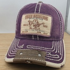 VTG True Religion Hat, Distressed Purple Patch Cap, Contrast Stitching Strapback picture
