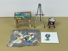 Dollhouse Miniature Messy Artist's Set: Easel, Table, Stool, Drop Cloth, Artisan picture