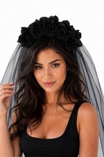Black Rose Flower Crown with Black Veil Gothic Halloween Headpiece picture