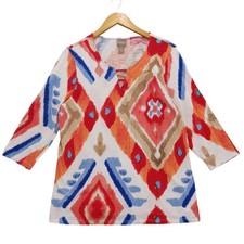 Chicos Womens Size 2 L V Neck 3/4 Sleeve Ikat Print Tunic Top White Red Blue picture