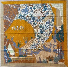 Hermes 90cm silk scarf Le Premier Chant orange teal picture