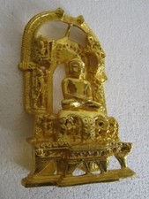 VINTAGE OLD MAHAVEER SWAMI BRASS STATUE GOLD PLATED TEXT GILT JAIN DEITY . picture