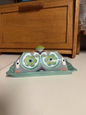 Anthropologie Okuno Hand Painted Floral Ceramic Butter Dish Teal Boho picture