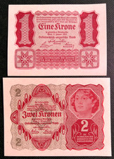 AUSTRIA 1922  1 KRONE AND 2 KRONEN  GRADE  UNC  P-73 P-74  UNIFACE  picture