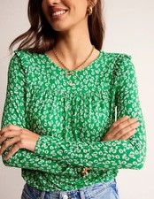 Boden Green & Pink Floral Ruffle Long Sleeve Jersey Top US 8 / UK 12 picture