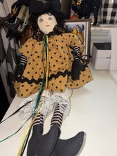 Vintage Handmade Halloween Witch Doll Folk Art Cloth Primitive Decor Bells picture