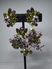 Vintage VENDOME Signed Rhinestone Flower Bouquest Brooch Pin & Earrings Set picture