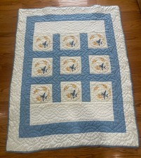 Hand Quilted Bluebird Blanket Throw Quilt Wall Hanging Embroidered 43x53 Blue picture